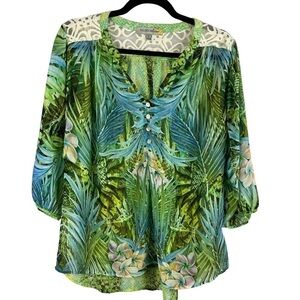 Figueroa & Flower Blue Green Floral Leaf Lace Detail Semi Sheer Blouse Large